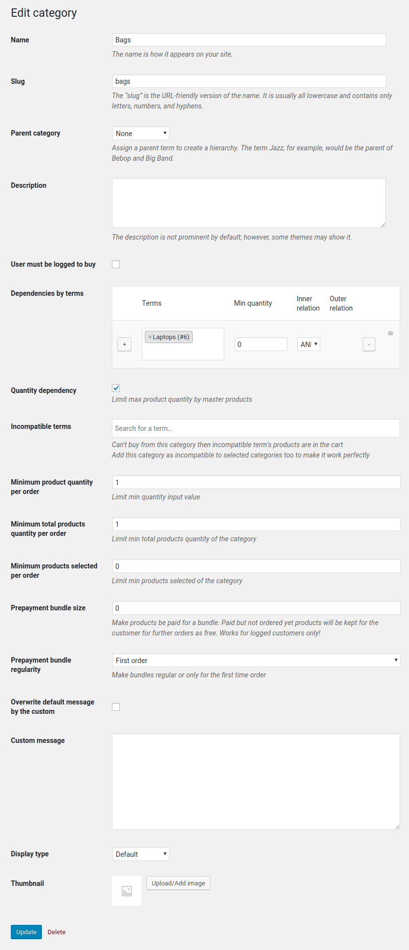 Category settings page