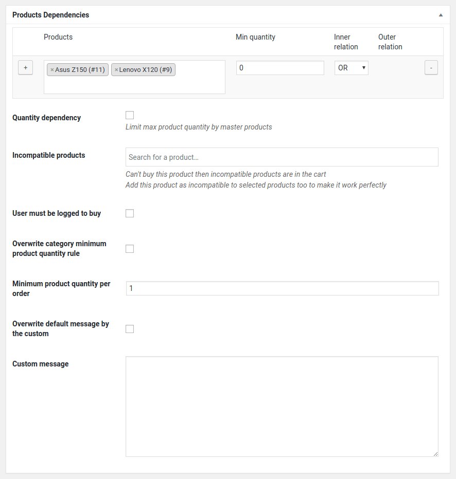 Product settings page