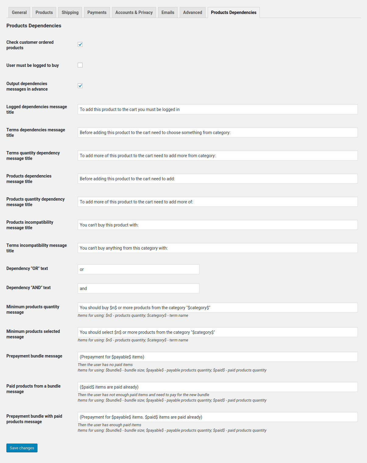 Settings page